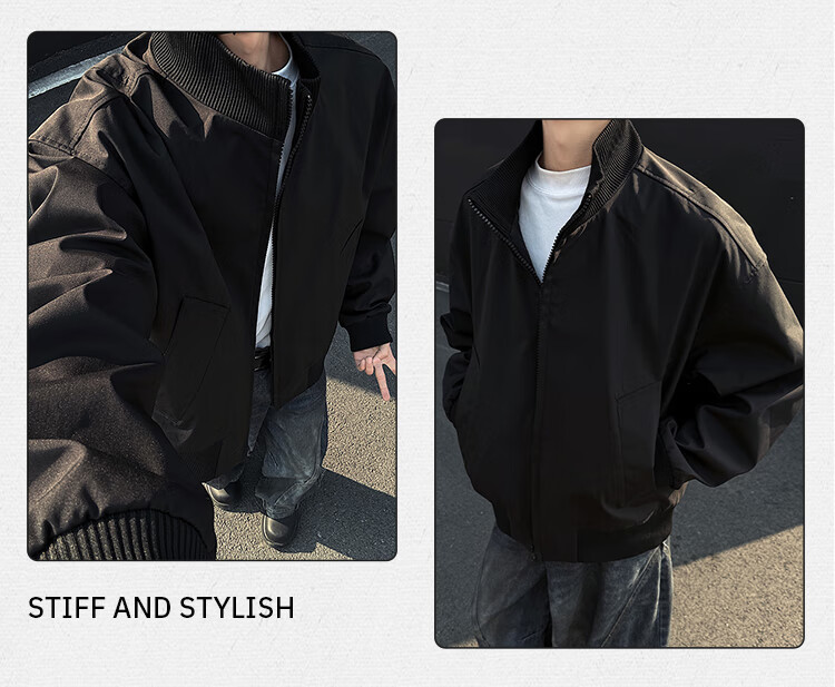 Homlean Men's American Vintage Flight Jacket Autumn Winter Stand Collar Short Baseball Casual Jacket HJ32 Black XL 3