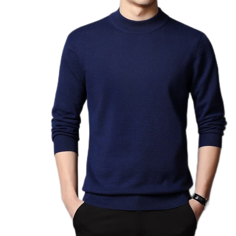 MULINSEN Men's Half Turtleneck Sweater Autumn Winter Pure Cotton Solid Color Business Casual Knitwear Base Shirt Blue L