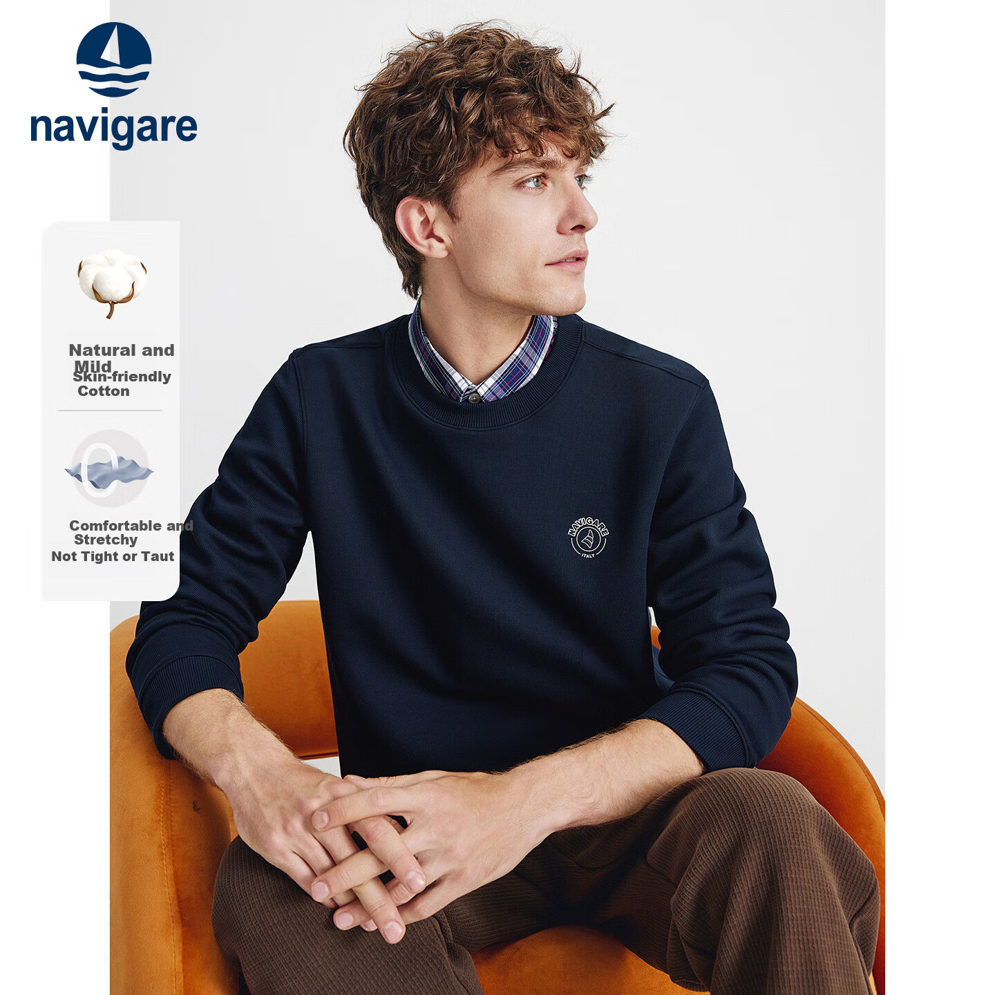 Navigare Small Sailboat Spring Autumn Commuter Men's Basic Crew Neck Single-Layer Casual Sweatshirt 1135805304