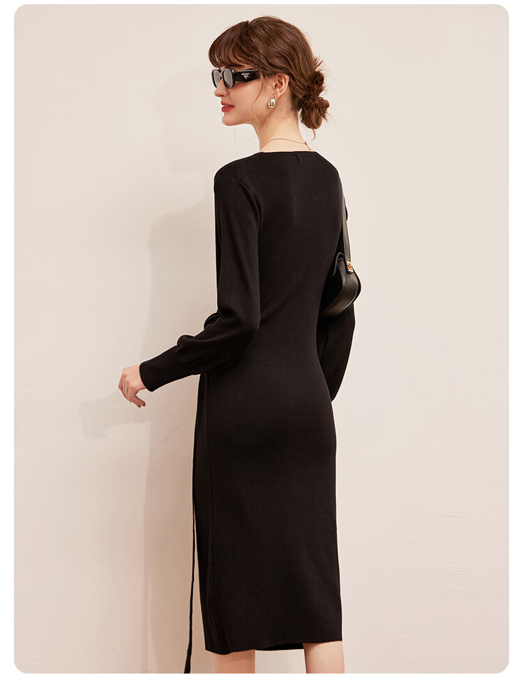 LOUISYAO Spring Autumn V-Neck Tie Design Slim Fit Slightly Stretchy Mid-Length Elegant Knit Dress Dark Coffee S 19