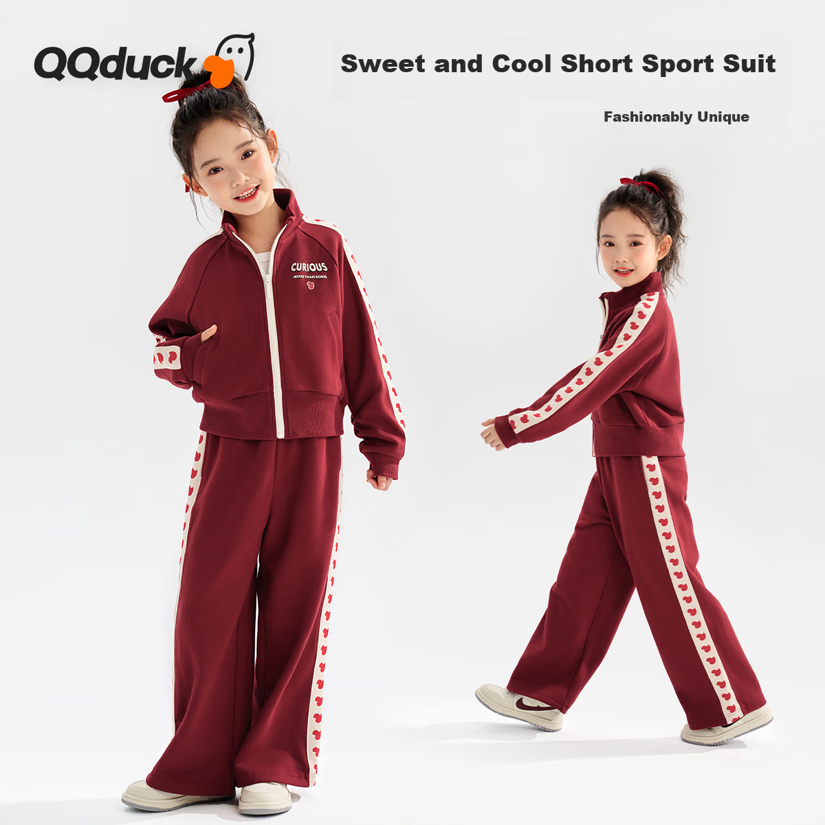 QQ DUCK Children's Sportswear Set, Girls' Jacket And Pants Two-Piece Outfit, Student Clothing, Heart-Shaped Little Duck Design, Wine Red; Size 120