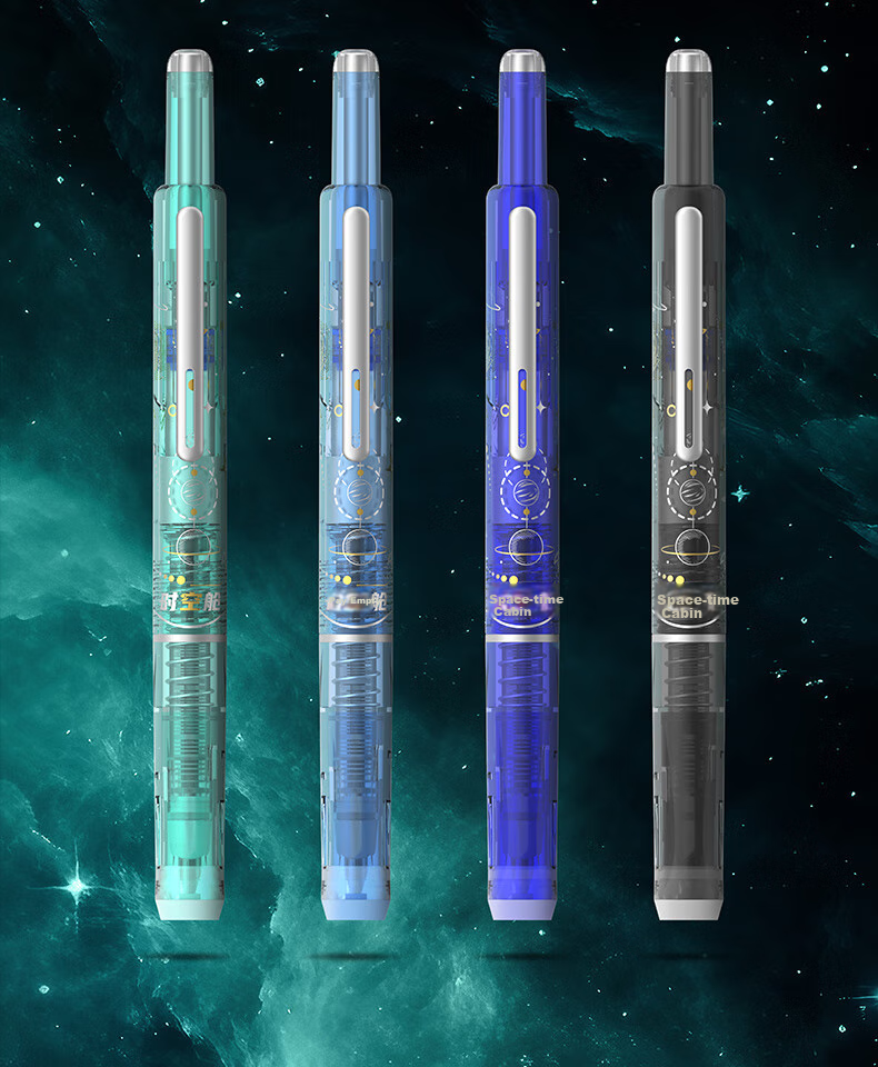 Dianshi Space Capsule Retractable Fountain Pen, Small Capsule Door for Third Grade Elementary School Students' Homework, Back-To Season Handwriting Practice, Fine Nib, Non-Spilling Ink, 7158 (Blue Barrel - Black Ink Cartridge), 1 Pen with 5 Ink Cartridges 21