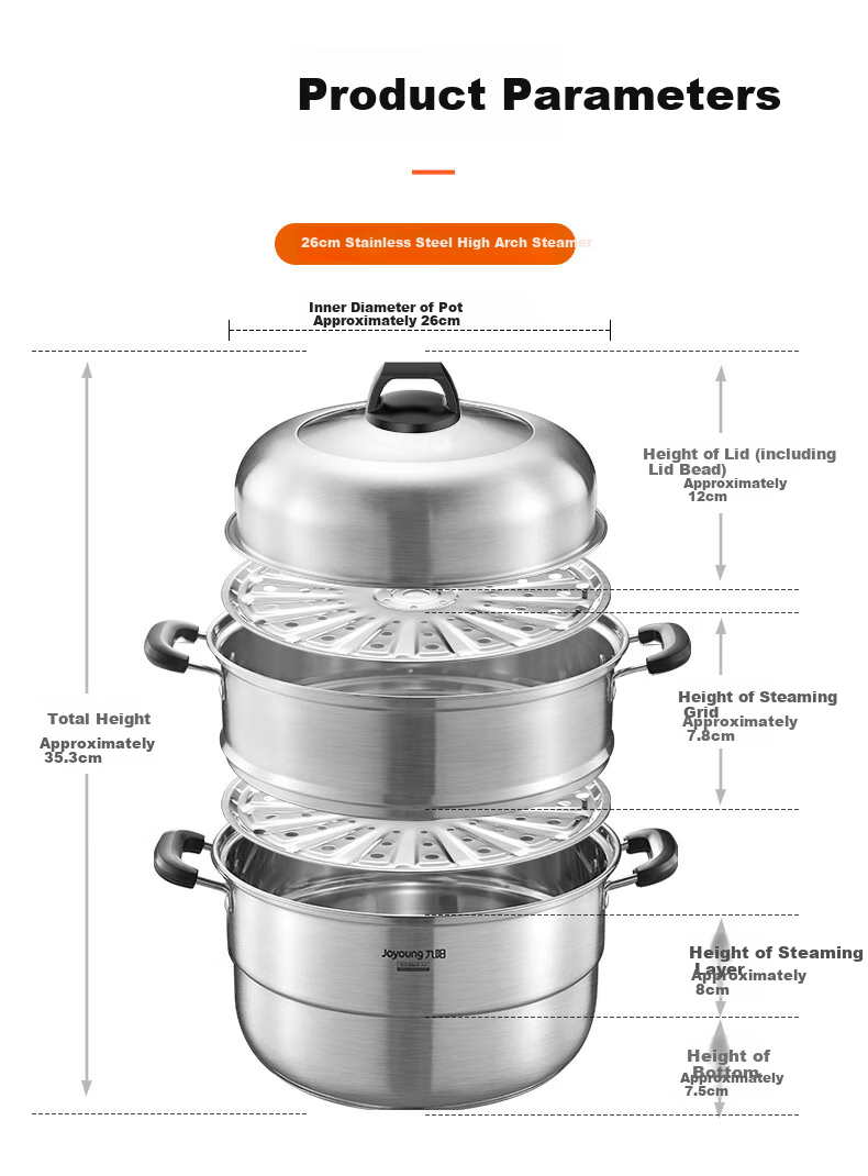 Joyoung Steamer Pot, 304 Stainless Steel, High Arched Lid, Large Capacity, Double-Layer, Suitable for Steaming Buns, Making Soup, Universal for Stove, 28cm 1