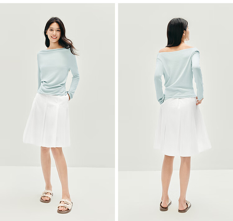 Semir Women's Long Sleeve T-shirt Short Thin Solid Color Design Sense 2025 Autumn Slim Dangling Neck Pullover 107625101001 12