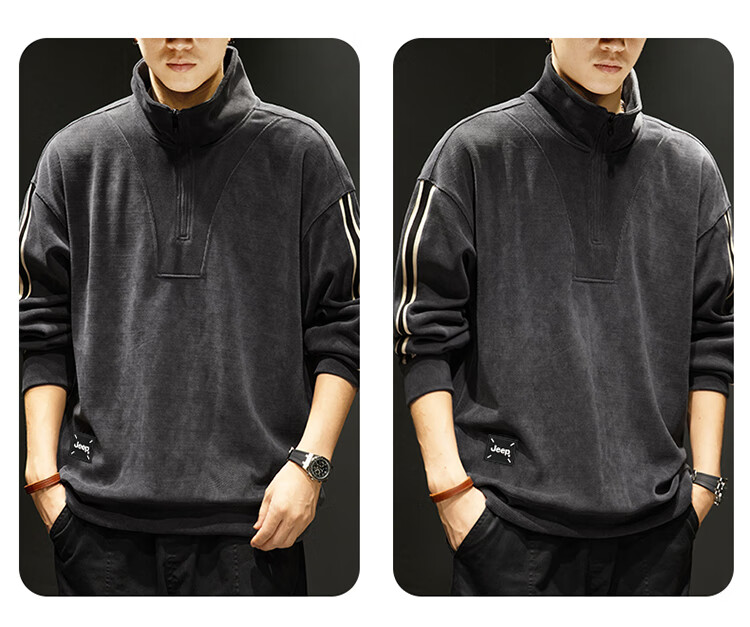 JEEP Men's Autumn Winter Corduroy Thickened Warm Loose Long Sleeve Zip-up Sweatshirt Dark Gray M 5