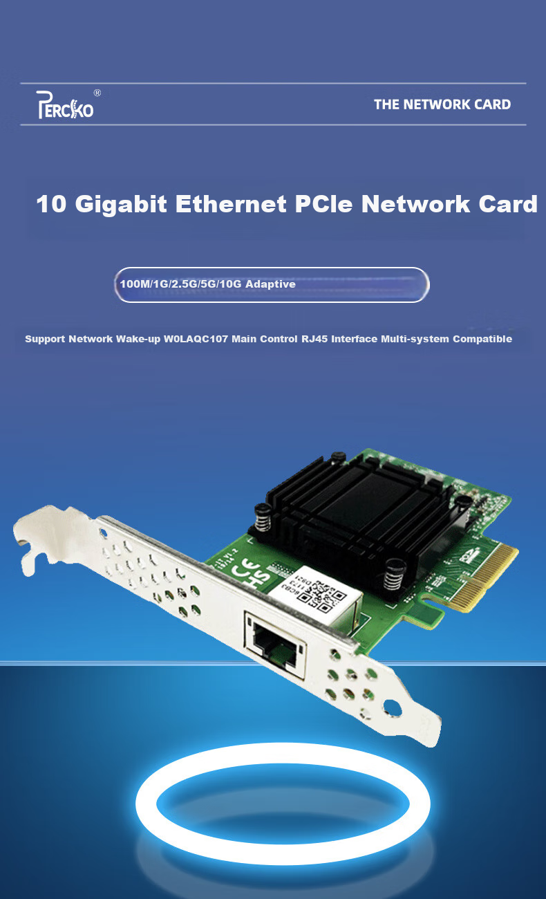 PERCKO 10 Gigabit Ethernet Card, PCI-E X4 Single Port Server Network Card, AQC107 Chip Network Adapter, Compatible with X540-X550 1