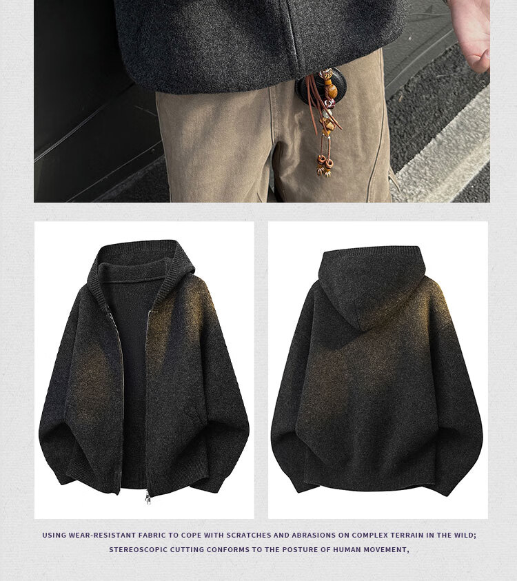 Dingfengbaoluo Men's Hooded Cardigan Sweater Autumn Winter Premium Trendy Solid Color Long Sleeve Jacket VBN10 Charcoal Black 2XL 5