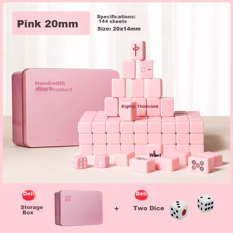 Shangkechengpin Mahjong Tiles, 20mm Pink Mini Mahjong Set, in Metal Box, Travel Outdoor Camping Mahjong (Pocket Edition)