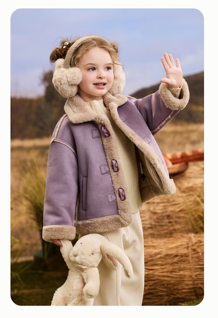 ASK JUNIOR Kids' Coat 2025 Autumn Toddler Horn Button Plush Coat Girls' Lapel Sweet Cute New Year Top 4