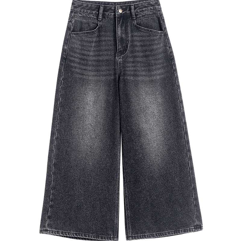 Dme Fleece-Lined Winter Warm Mid-High Waist Cloud Cotton Wide-Leg Distressed Cropped Jeans for Women