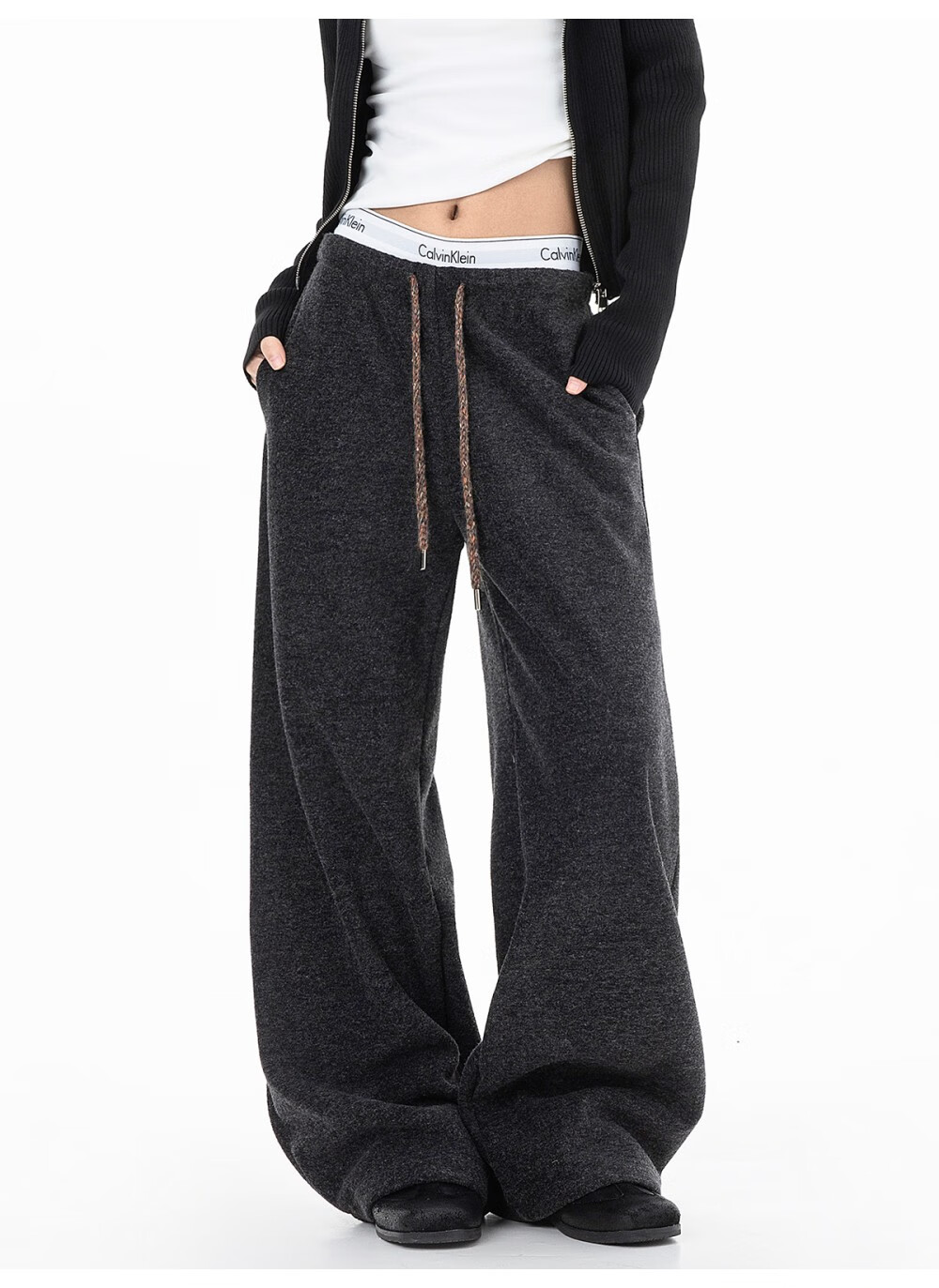 ICH MODE Women's American Style Fleece-Lined Casual Loose Fit Lazy Straight Wide-Leg Sports Pants Thickened Sweatpants Glutinous Rice Color XL 11