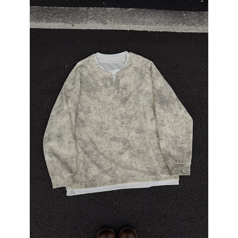 Dingfengbaoluo Men's American Style Two-in-One V-Neck Tie-Dye Casual Long Sleeve Sweatshirt Autumn Loose Fit Khaki 2XL XWC12