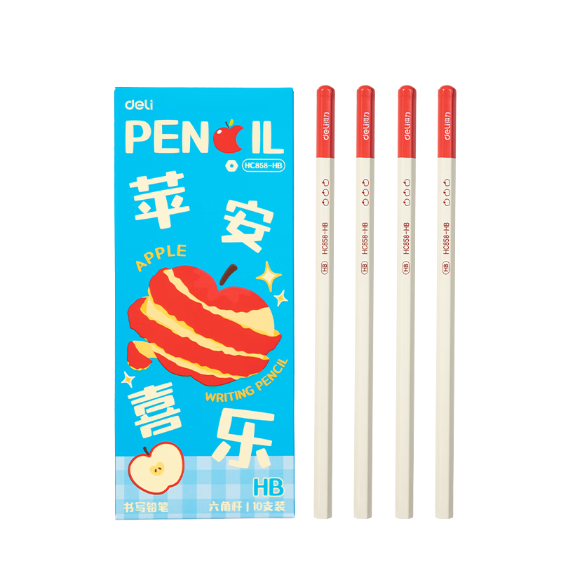 Deli HB Hexagonal Wooden Student Writing Pencil Sketch Exam Drawing Pen Children's Practice Pencil Apple 10-Pack Back-to-School Stationery