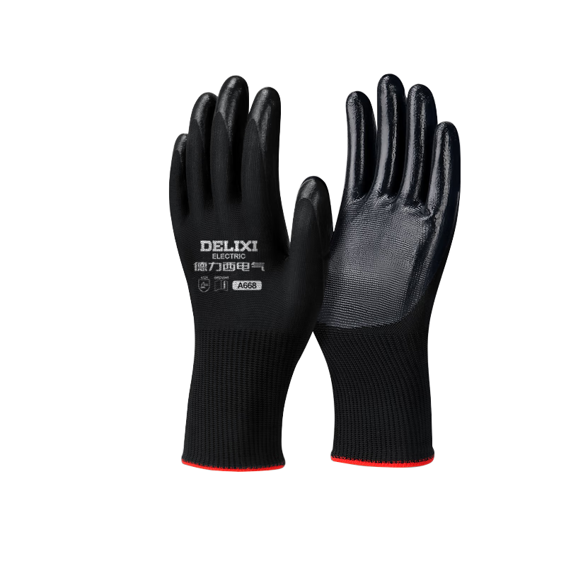 DELIXI ELECTRIC Premium Nitrile Work Gloves Anti-Slip Wear-Resistant Waterproof Oil-Resistant Fully Coated Gloves Black Nitrile Oil-Resistant 12 Pairs