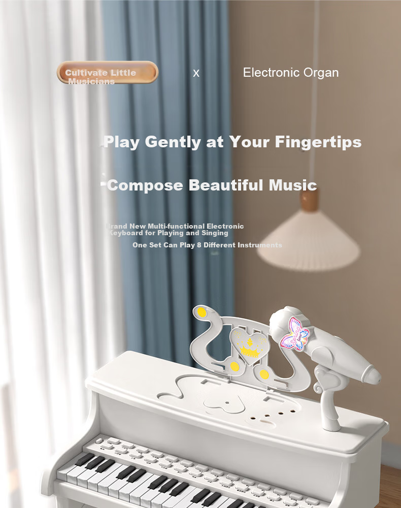 Dimoarch Children's Early Education Musical Instrument, Electronic Keyboard Toy for Kids, Playable Piano for Beginners with Seat And Microphone, White 1