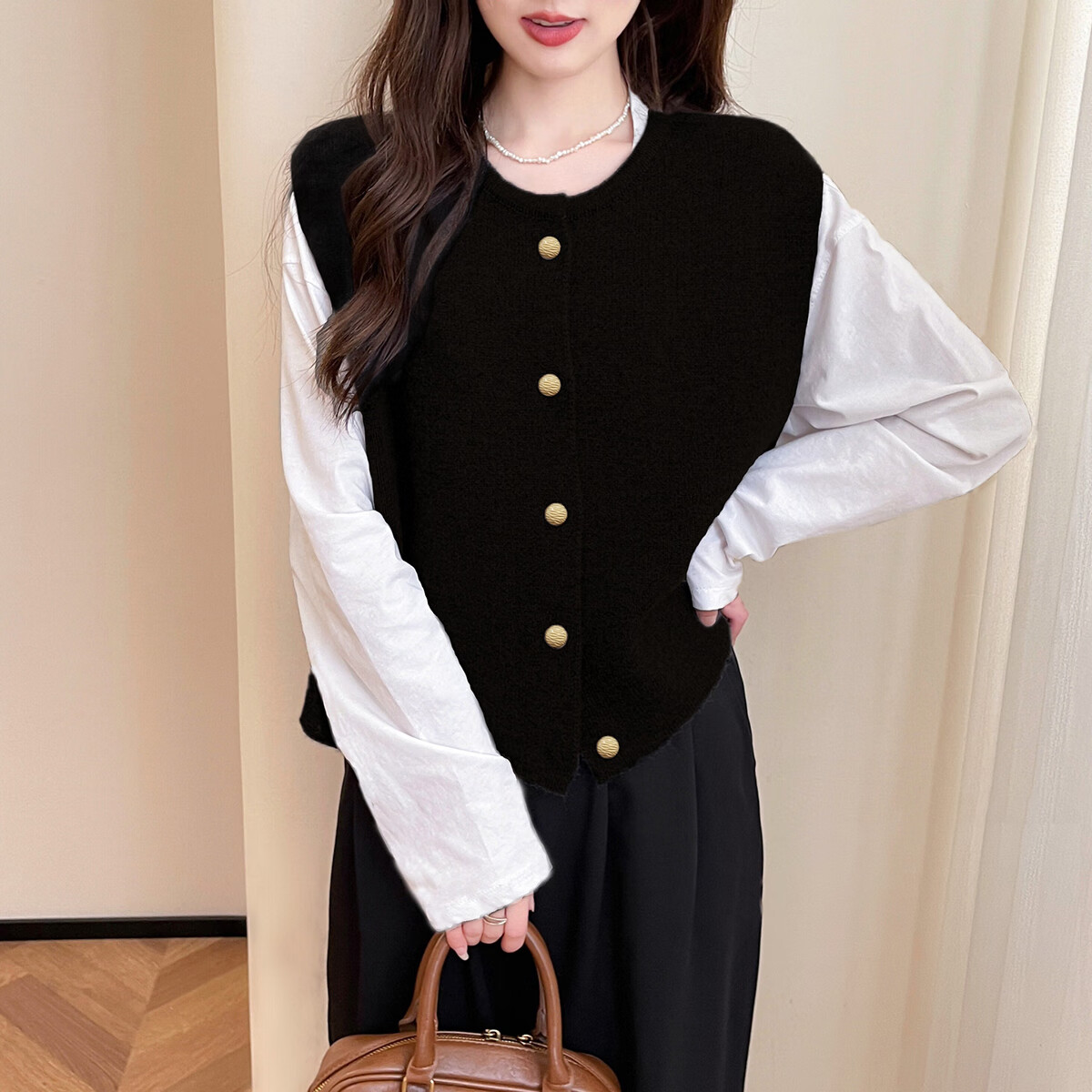 TonLion 2025 Autumn Winter Simple Retro Round Neck Cardigan Vest for Women