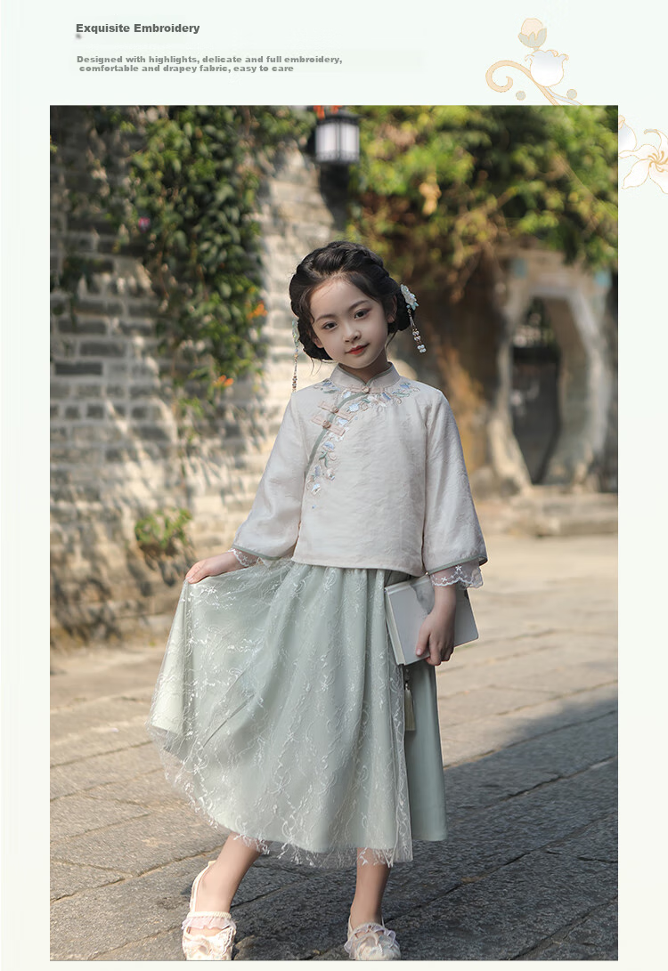 Qibo Hanfu Girls' Spring And Autumn Mid-Autumn Festival Kindergarten Performance Children's Chinese-Style New Traditional Set, Qingdai Long Sleeve, Size 100 7