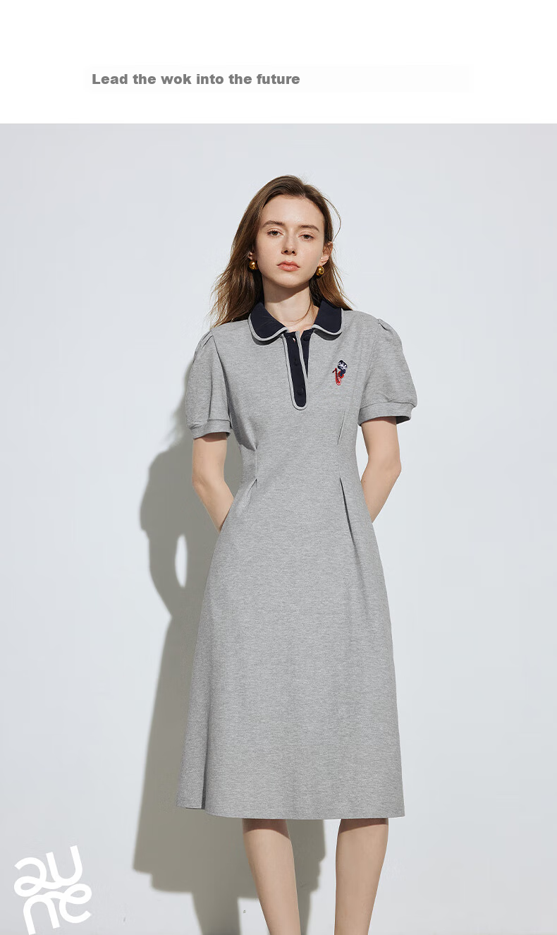 Chuyu Polo Collar Dress with Waist-Cinching Slimming Effect for Women, New Summer 2025 A-Line Short-Sleeve T-Shirt Midi Skirt, Gray, Size S 27
