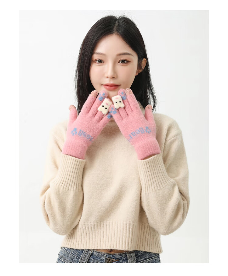 XUEXIMAN Plush Knitted Five-Finger Gloves Women's Winter Warm Thickened Student Touchscreen Cycling Cold Windproof Gloves 8