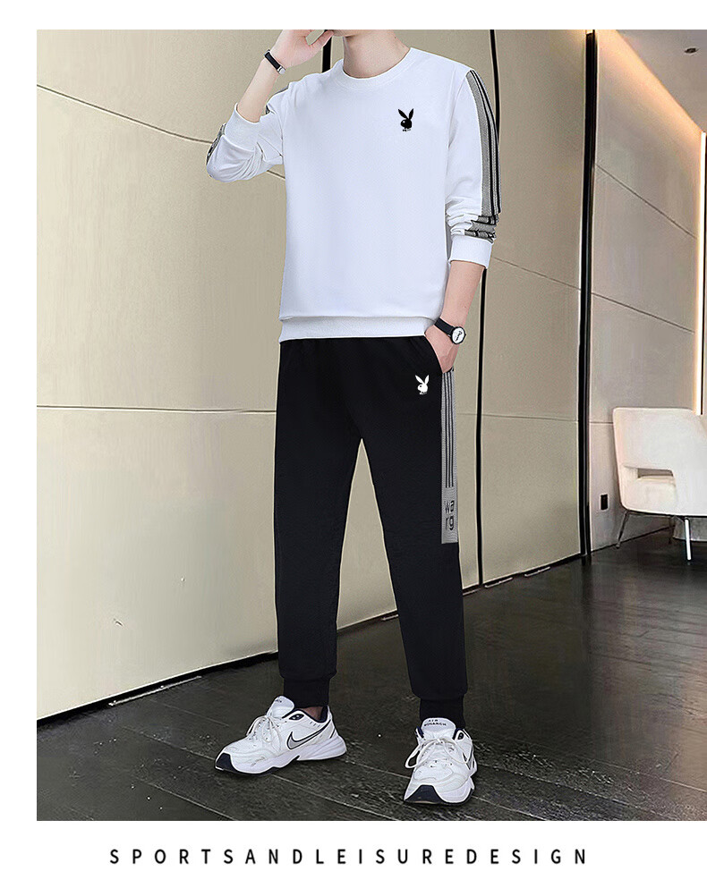Playboy Men's Long Sleeve T-Shirt and Pants Set Spring Autumn Casual Sports Two-Piece Black L 15
