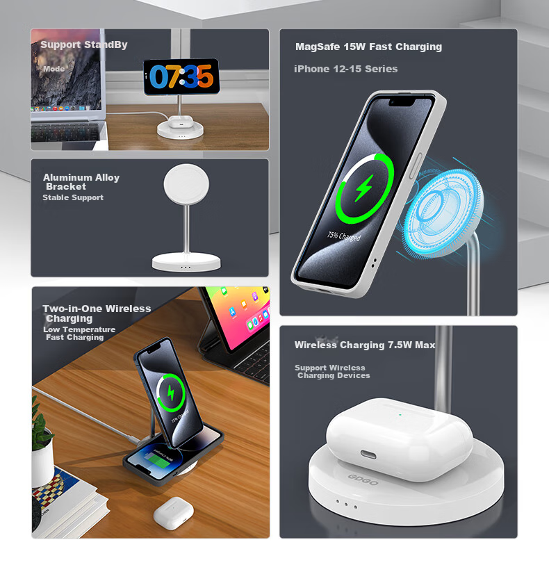 GDGO [Apple MFM Certified] 15W Two-In Wireless Charger, MagSafe Magnetic Vertical Fast Charging, MFi Certified, Suitable for IPhone 18/17 PM/Air Phones And Earphones 2