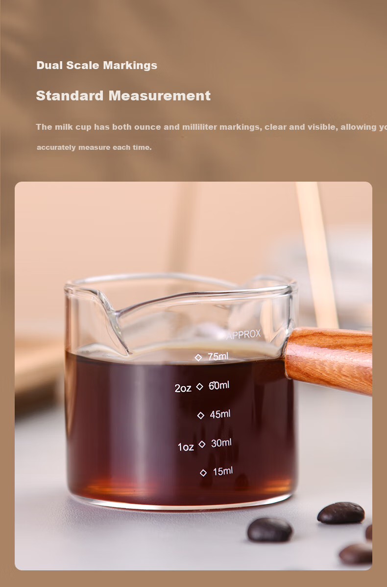 CLITON Japanese Style Wooden Handle Glass Milk Jug Heat-Resistant Measuring Cup Latte Art Cup with Scale Single Spout Milk Pitcher 75ml 5