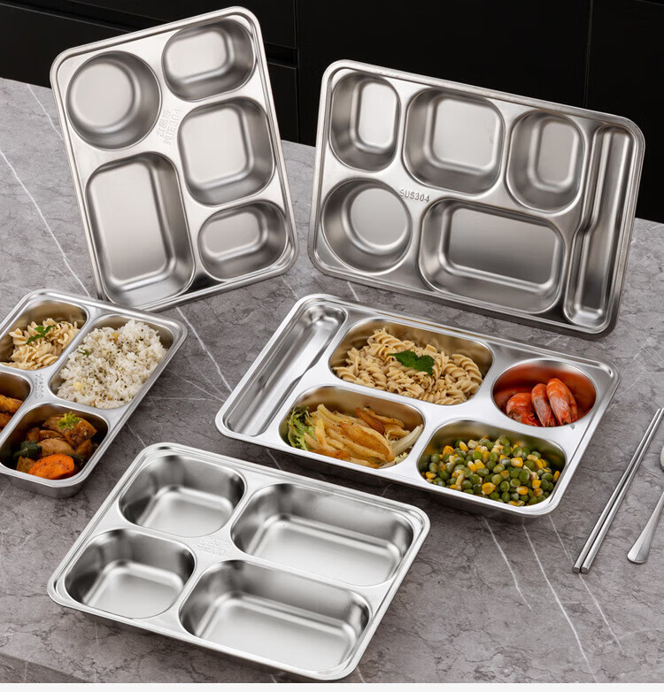 Danshizhiyuan 304 Stainless Steel Fast Food Tray Divided Plate School Canteen Dinner Plate Large Round Six-Compartment (Beijing Warehouse) 12