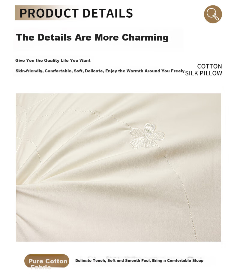 Grace Class A Pure Cotton Silk Pillow, Antibacterial Pillow Core, Home Soft Pillow for Adults, Single Pack, 48*74cm 11