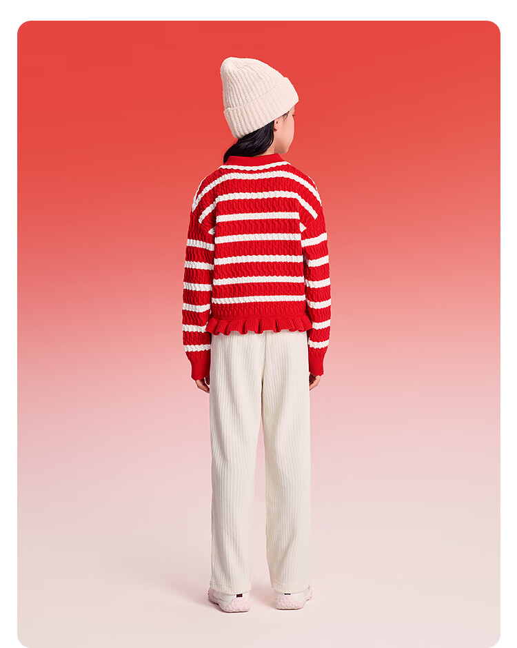 Balabala [balaOne] Girls' Red Knit Cardigan with Collar Autumn Winter New Year Outfit 2