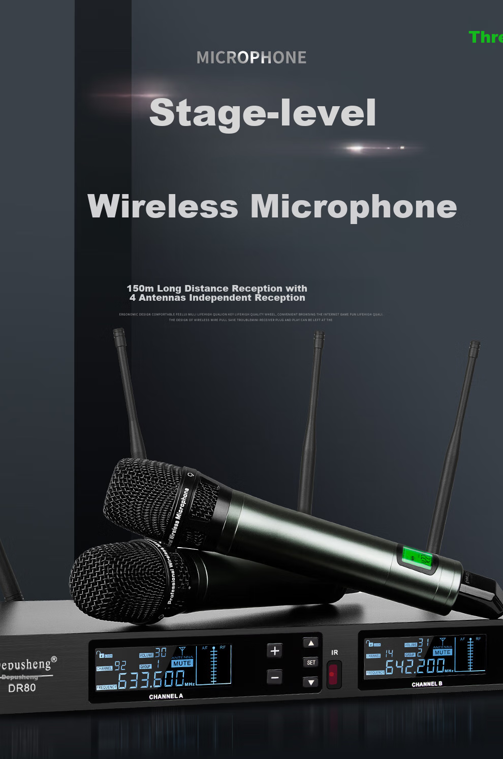 Depusheng DR80 Wireless Microphone System with Two Mics, Professional Stage Performance Singing Hosting Training Lecture Meeting Neck Gooseneck School Wedding Real Split Mic Long-Range U-Frequency Anti-Howling 1