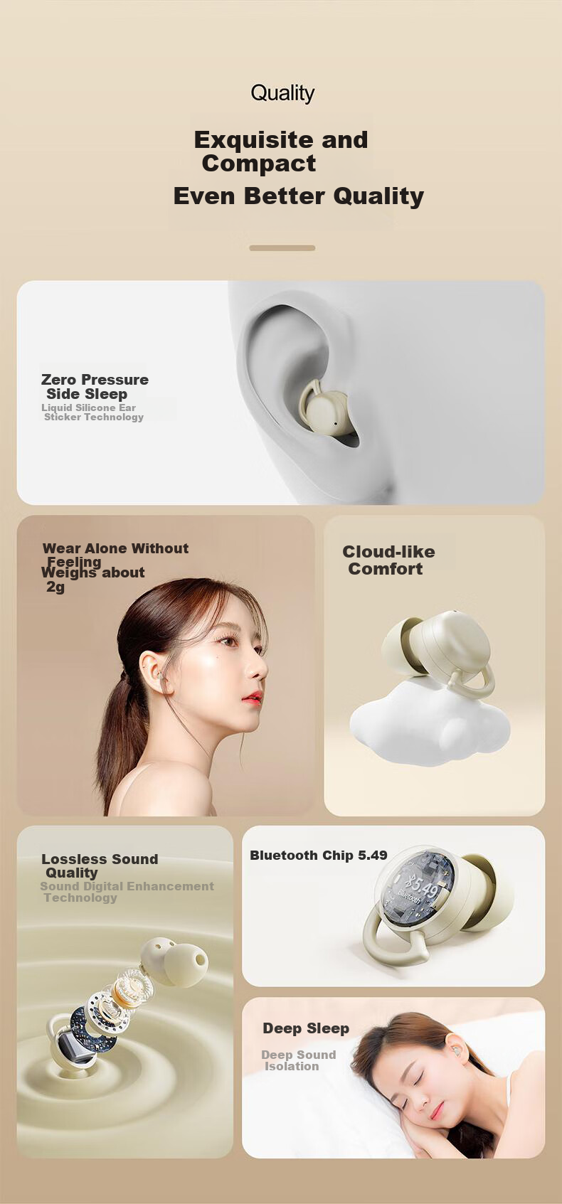 EARISE 2025 New Sleep Wireless Bluetooth Earphones, Compact Mini In-Ear High-Quality Noise-Cancelling Calling Ultra-Long Battery Life Side Sleeping No Ear Pressure, Skin Color, Bluetooth Headphones 2