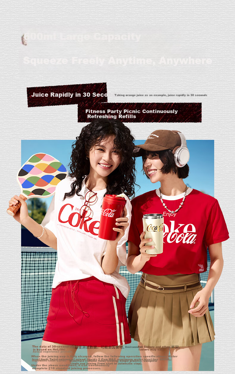 Coca-Cola Juicer Cup, Small Portable Blender with Ice Crusher, Dual-Lid Juicing Machine, USB Rechargeable Juicer AH-60GZ01JR Red 9