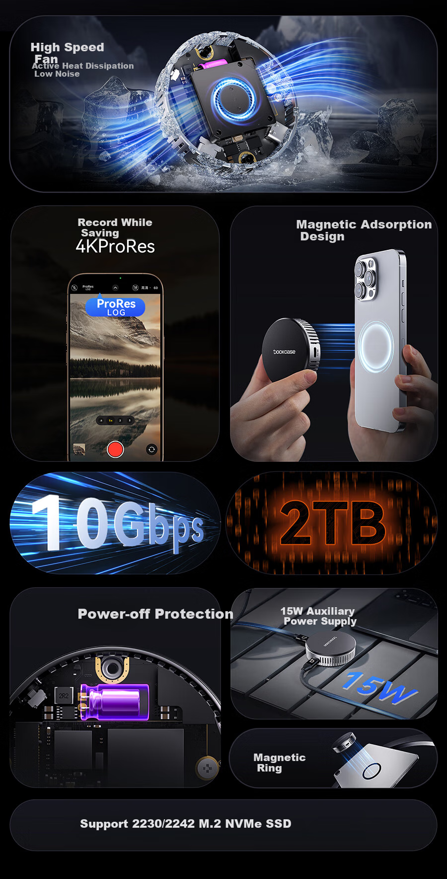 DOCKCASE Magnetic Fan 2230 M.2 NVMe External SSD Enclosure for IPhone 17, Compatible with Portable SSDs And External Storage Expansio 2
