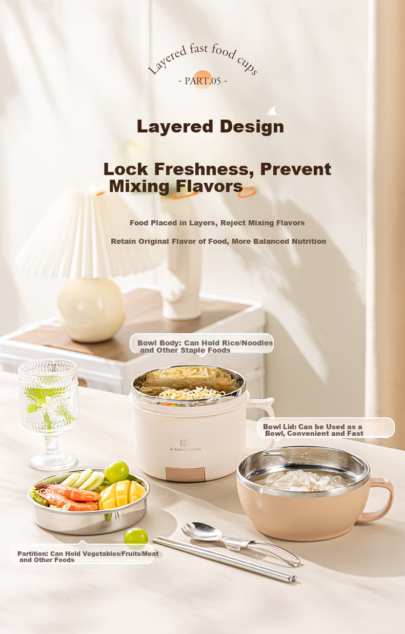 Guangyi 304 Stainless Steel Student Lunch Box, Fast Food Cup with Lid, Three-Layer Noodle Bowl, Comes with Spoon And Chopsticks, Green GY7353 6