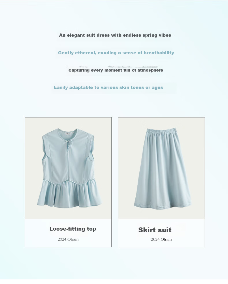 Olrain Elegant Sleeveless Workwear Set - Top and Skirt Two-Piece Summer Women's Outfit Light Blue M 6