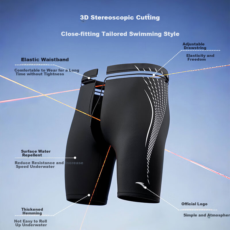ANTA Men's Swim Shorts, Knee-Length Swim Trunks, Summer Quick-Dry Breathable Anti-Embarrassment Design, Loose Fit, Black And Silver, 3XL