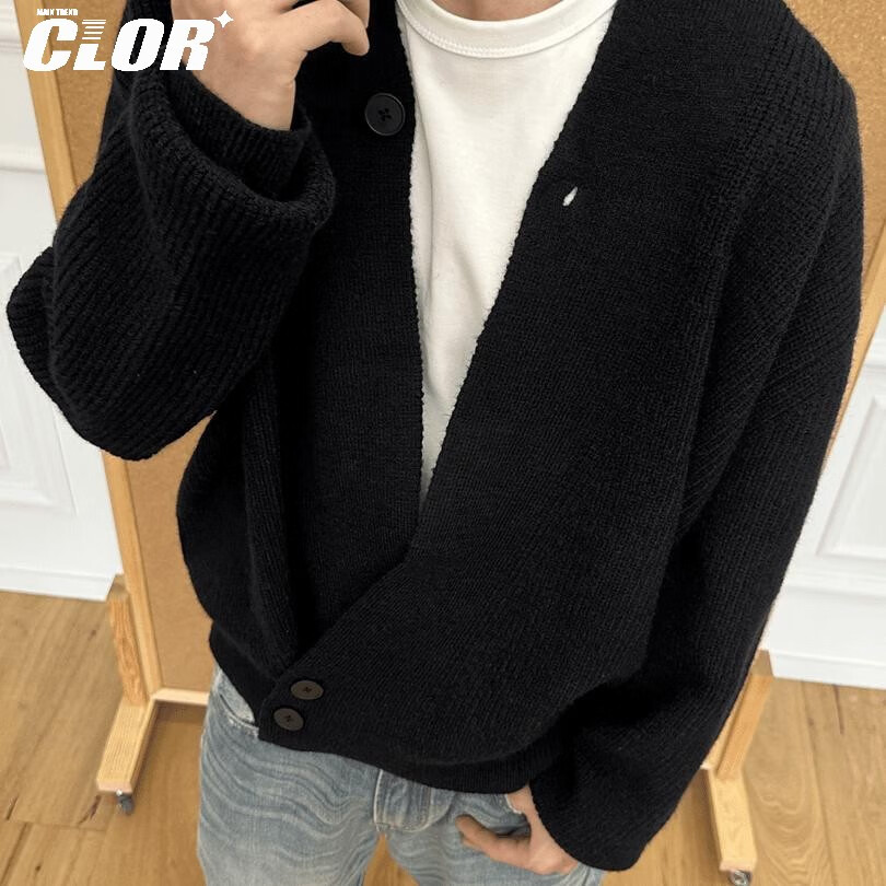 CLOR Cardigan Sweater Unisex Autumn Winter Old Money Style Lazy Knit Jacket MYC06 Black XL