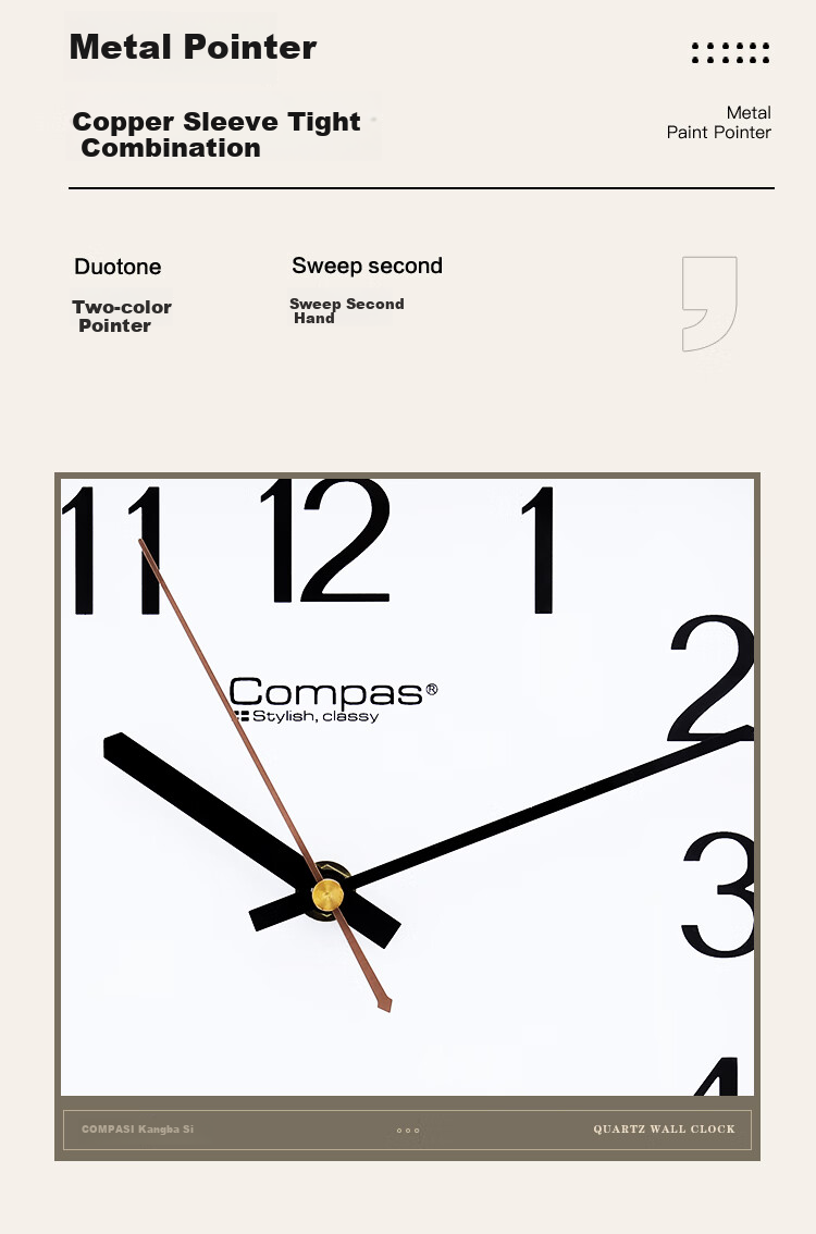 Compas Wall Clock for Living Room, Creative Minimalist Square Clock, Quartz Wall Clock, 2548 Black 5