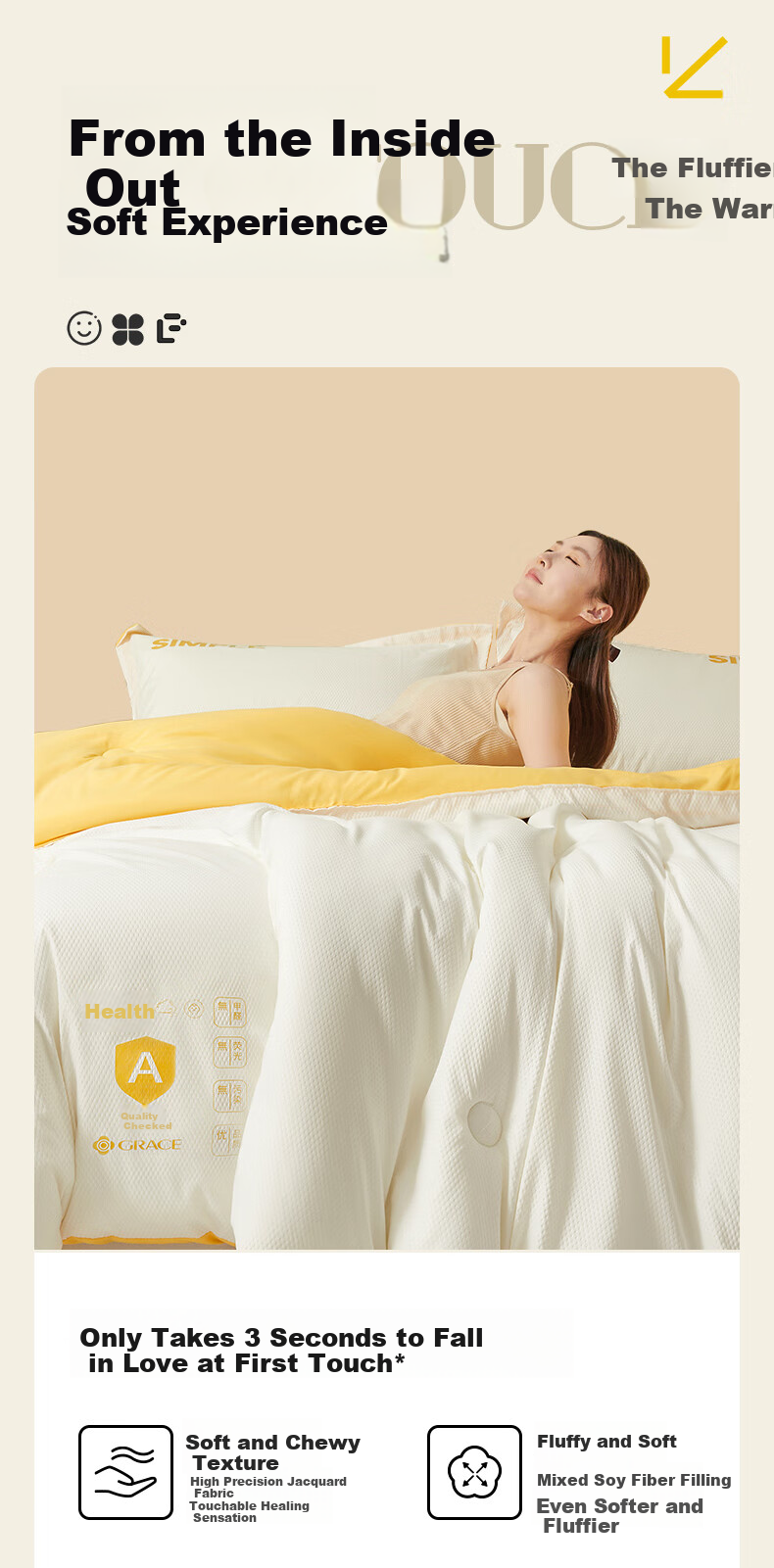 Grace Class A Fabric Autumn Winter Four Seasons Comforter, Double Student Dormitory Quilt, Air Conditioning Quilt, 8 Jin, 200*230cm, Cream Yellow 7