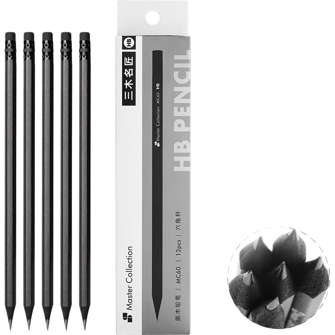 SUNWOOD Mingjiang Series, 12 HB Hexagonal Barrel Black Wood Pencils/drawing/writing Pens, MC60