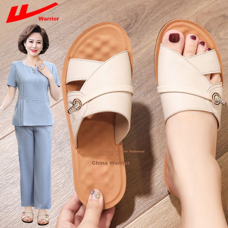 Huili Mom's Slippers, Middle-Aged And Elderly Women's Shoes, 2026 New Summer Style, Outdoor Wear, Soft Sole, Comfortable Sandals for The Elderly, 1206 Beige, Size 42