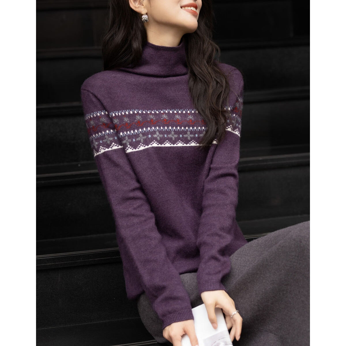 Demana [Qianrou] Winter Retro Fair Isle Jacquard Turtleneck Sweater Comfortable Lazy Knit Top for Women