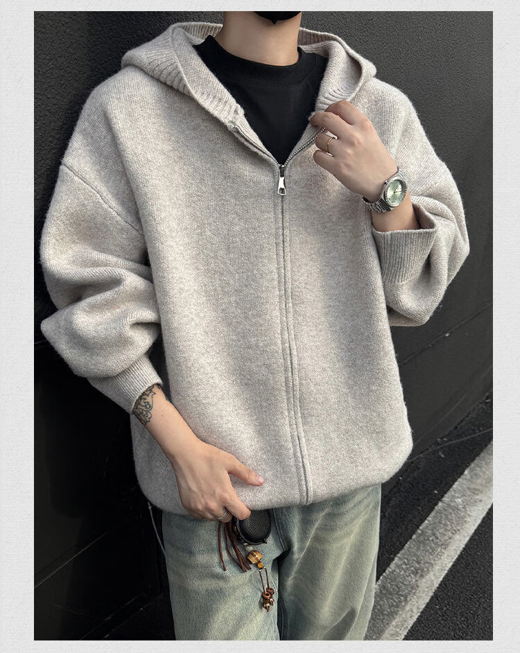 Dingfengbaoluo Men's Hooded Cardigan Sweater Autumn Winter Premium Trendy Solid Color Long Sleeve Jacket VBN10 Charcoal Black 2XL 7