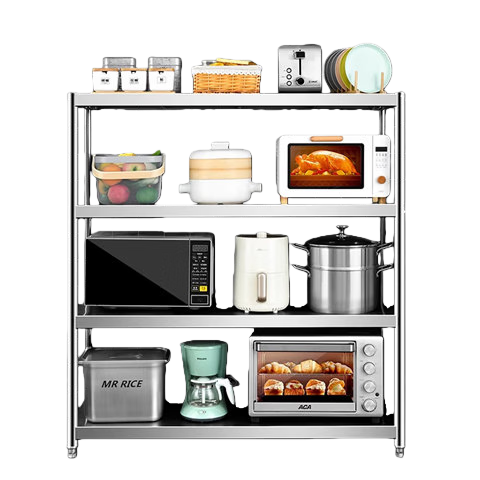 UOEN Stainless Steel Kitchen Storage Rack, Multifunctional Floor-Standing Microwave Oven Storage Organizer, Workbench, Embossed Steel Bookshelf Rack