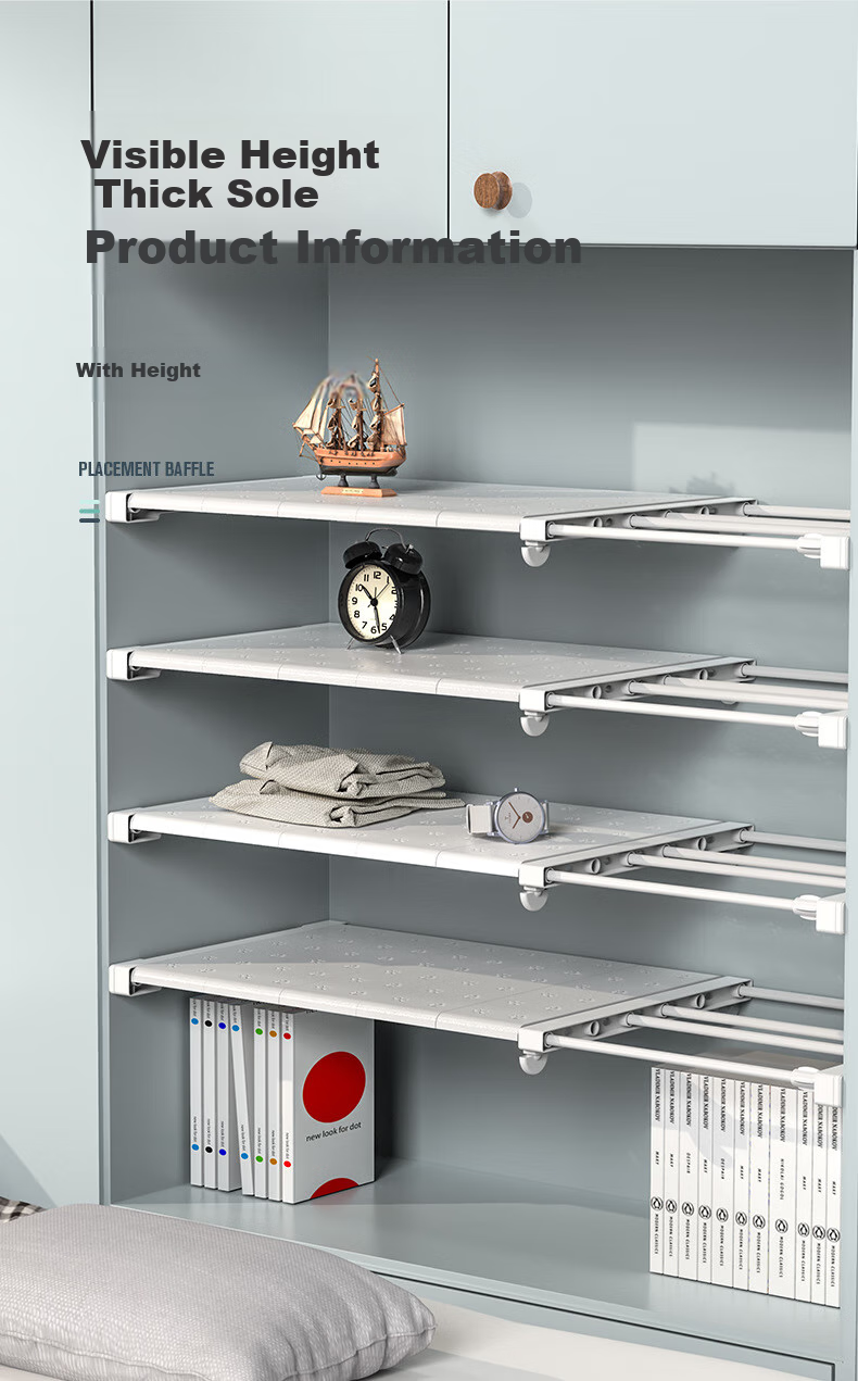Shuranjia Extendable Wardrobe Divider Shelf, Internal Partition Board, Layered Rack, White Steel Tube, Width 42cm, Length 56-95cm 1