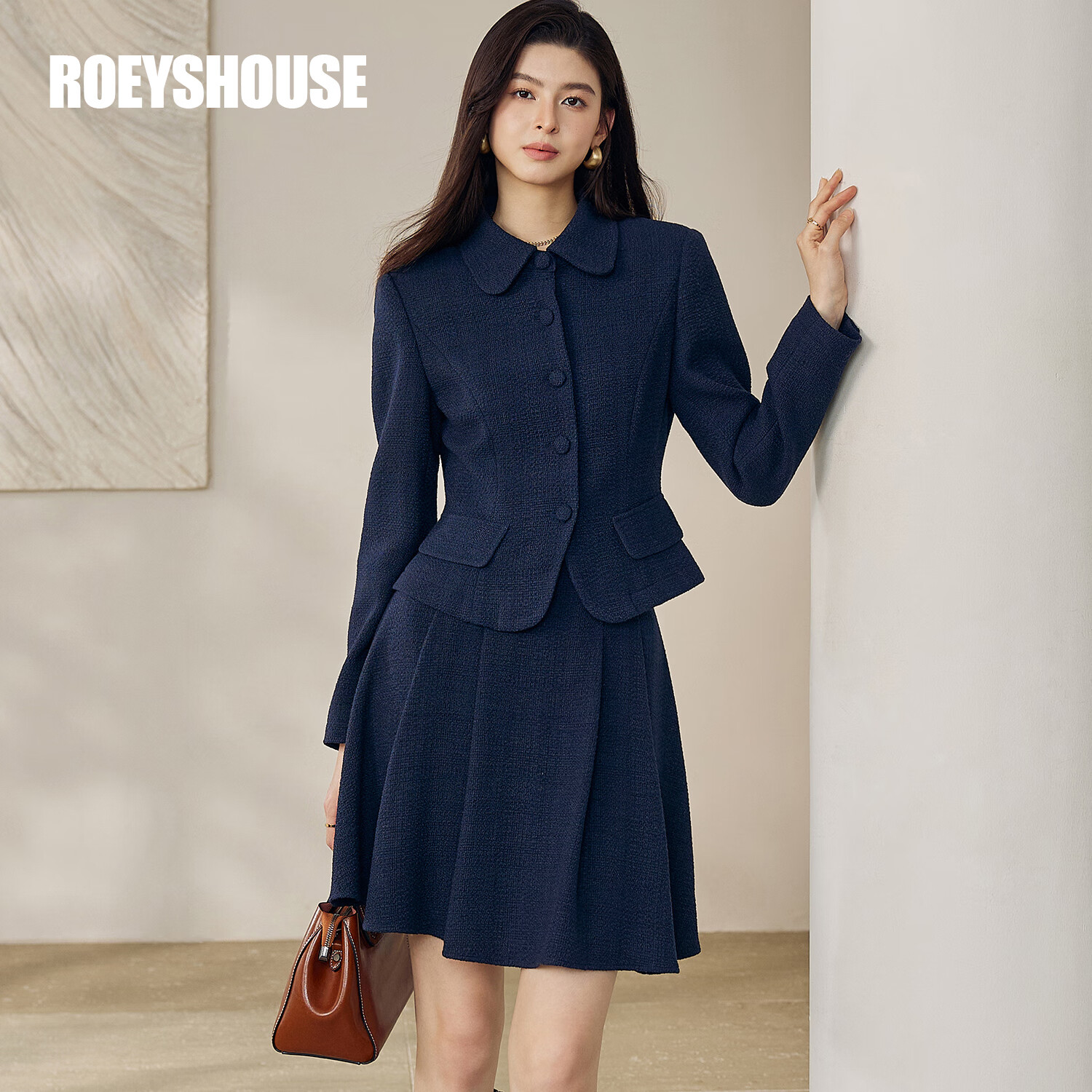 ROEYSHOUSE French Style Little Chanel Two-Piece Set Jacket and Skirt 12834 Navy Blue XL