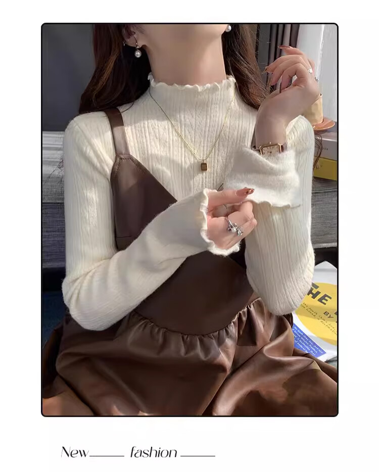 LangSha Women's Autumn Winter Fleece Lined Thickened 2025 New High-End Half Turtleneck Ruffled Knit Sweater Top 9