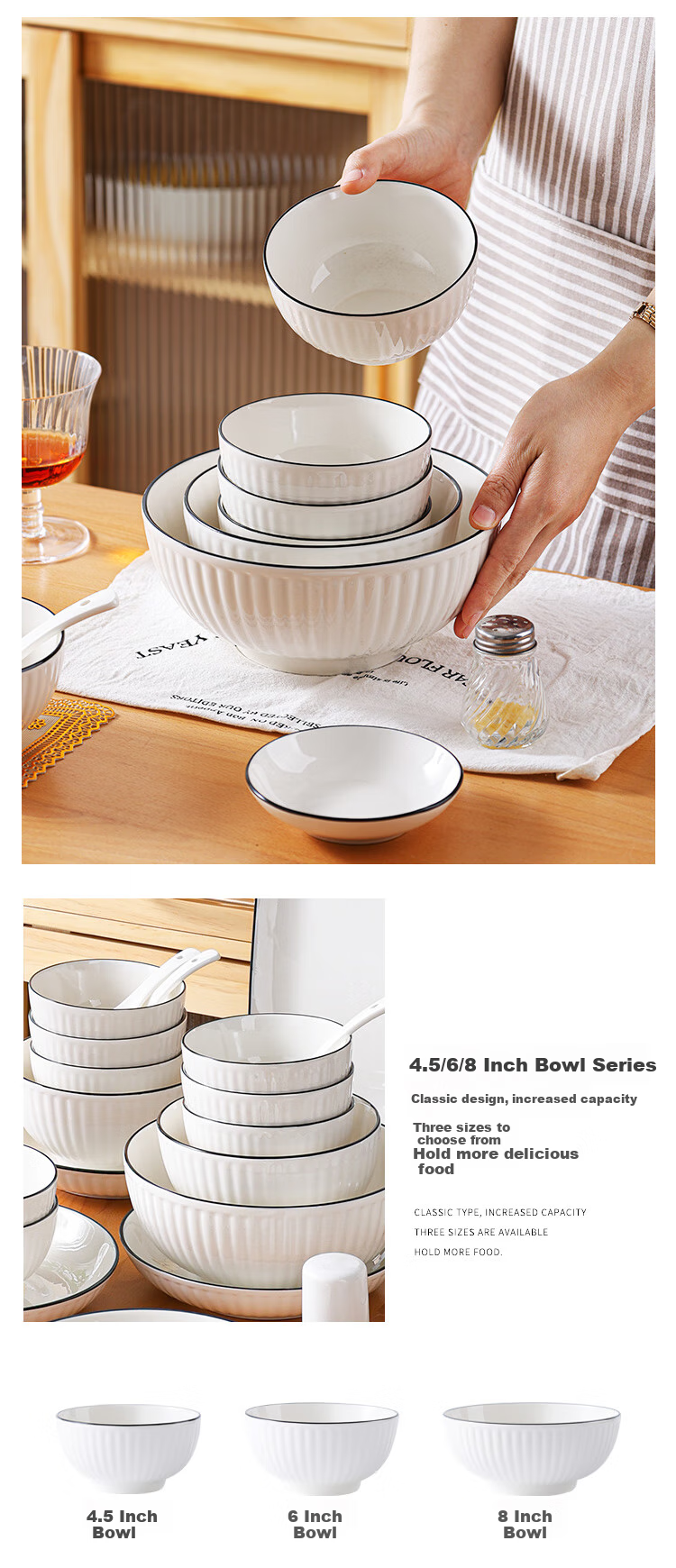 Hechuanwu 24-Piece Underglaze Color Ceramic Dinnerware Set with Vertical Black Lines - Bowls and Plates for Home Use, Housewarming Gift 5
