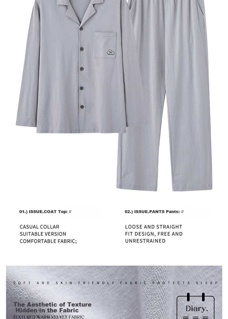 Ziyouxi Men's Pajamas Spring And Summer Pure Cotton Comfortable Home Wear Set, Wearable Outside, Turn-Down Collar, Simple Casual Cardigan Long Style 4