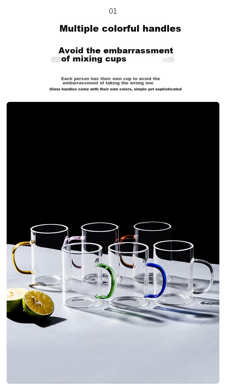 WEIMINGNUO Glass Drinking Cups Heat-Resistant Tea Cups Set with Handles for Home Use, Transparent High Borosilicate Glass Cups, Set of 6, 300ML Each 3